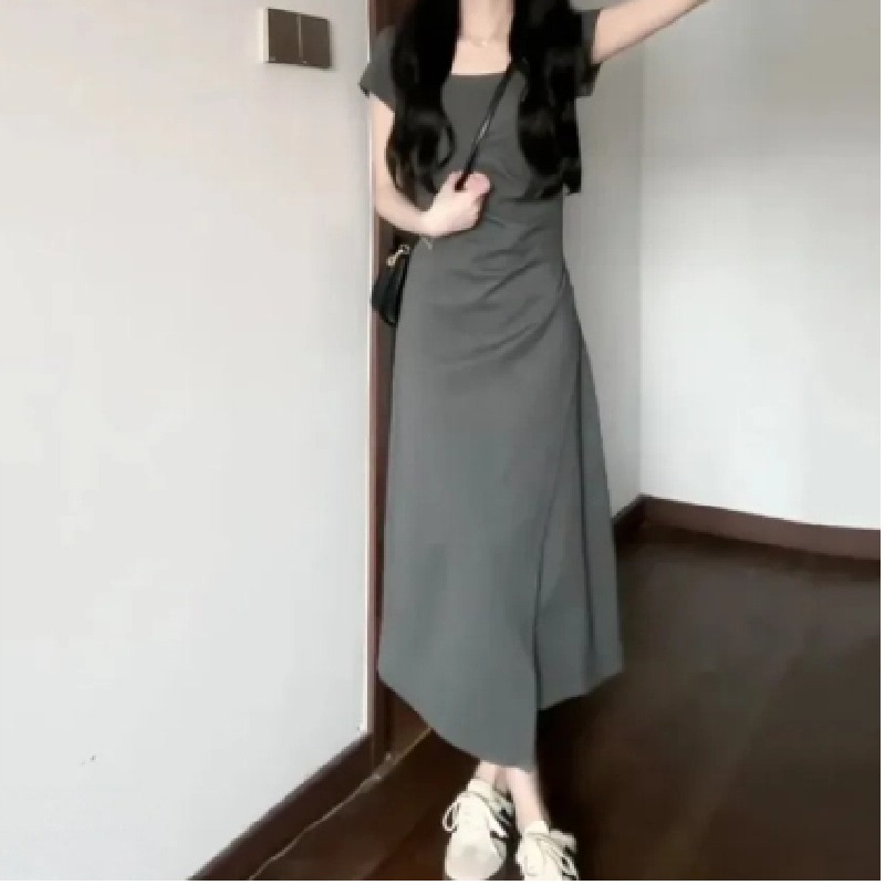 法式氣質收腰短袖連身裙小眾設計圓領短裙