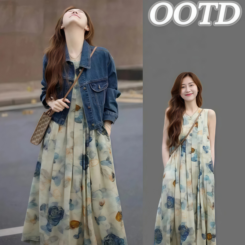 【單件/整套】韓系溫柔穿搭遮肉顯瘦牛仔外套印花背心連衣裙兩件套