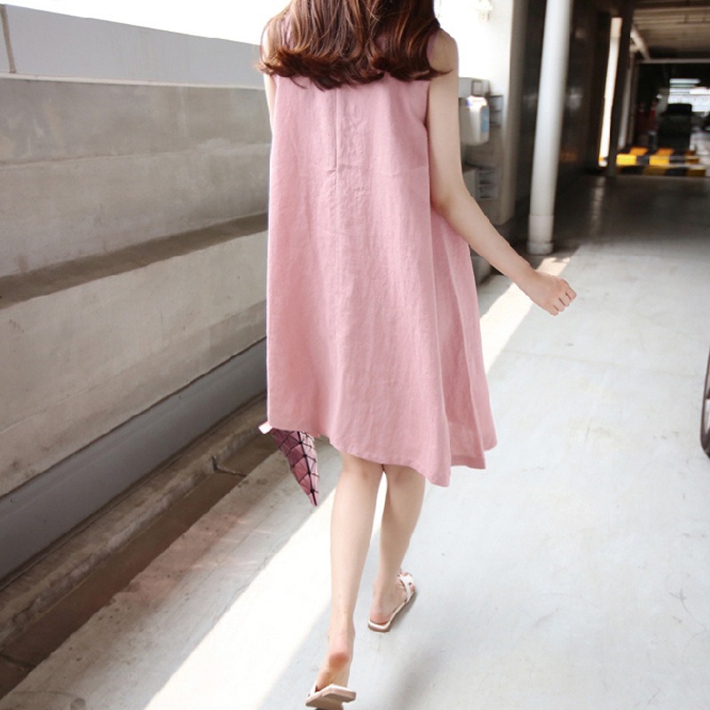 時尚大碼寬鬆棉麻松口袋亞麻打底A字洋裝