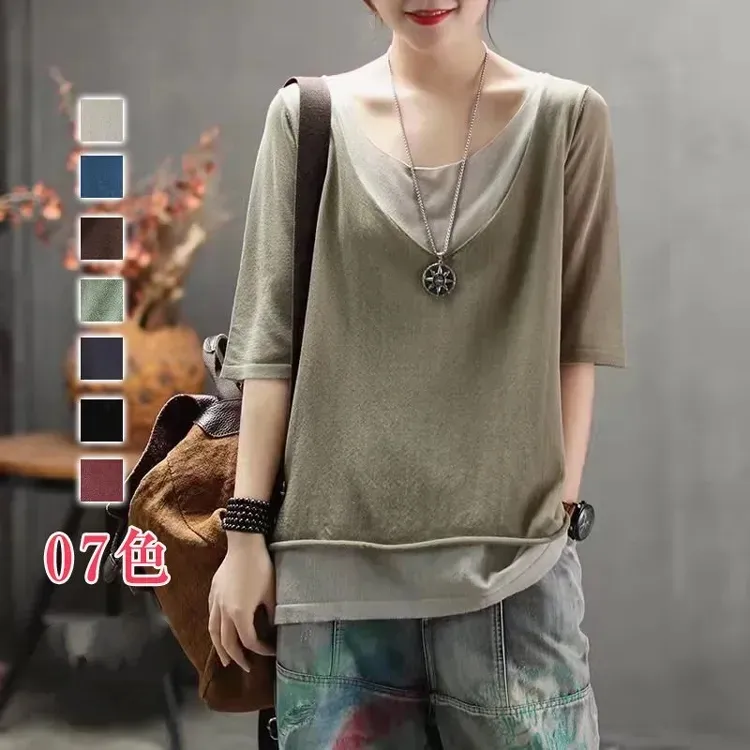 棉麻假兩件拼色v領寬鬆休閒百搭短袖T恤