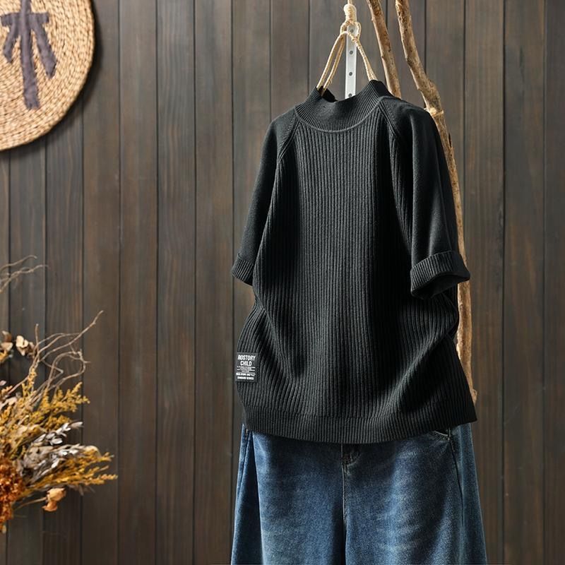 純色半高領五分袖寬鬆顯瘦字母貼標打底針織衫