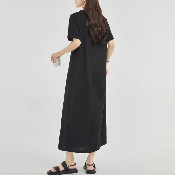 復古赫本拉鍊長款百搭V領寬鬆顯瘦遮肚洋裝