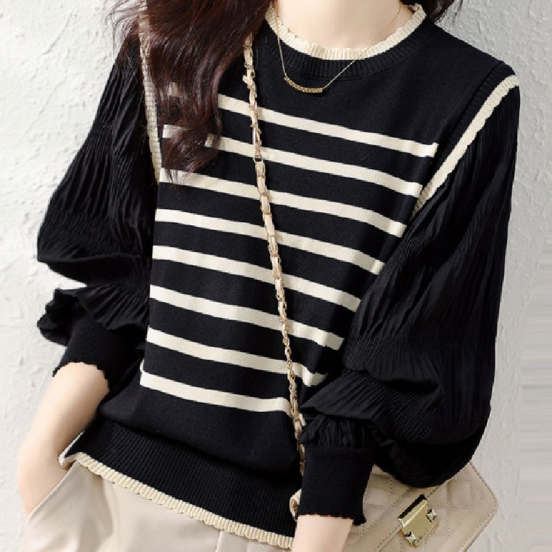 條紋拼接花邊領燈籠袖通勤百搭針織衫