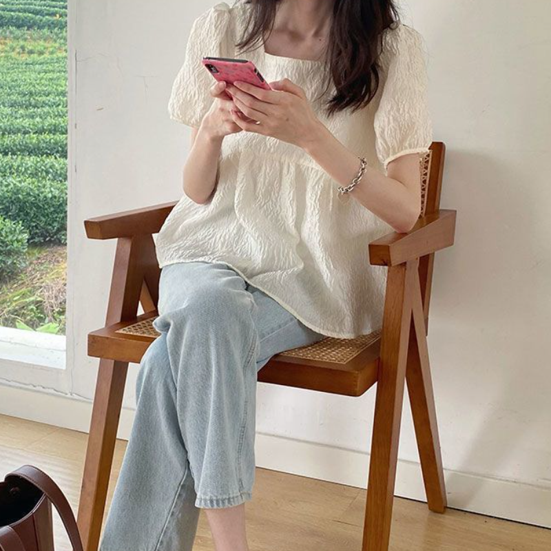 法式肌理感方領泡泡袖遮肉寬鬆短袖上衣