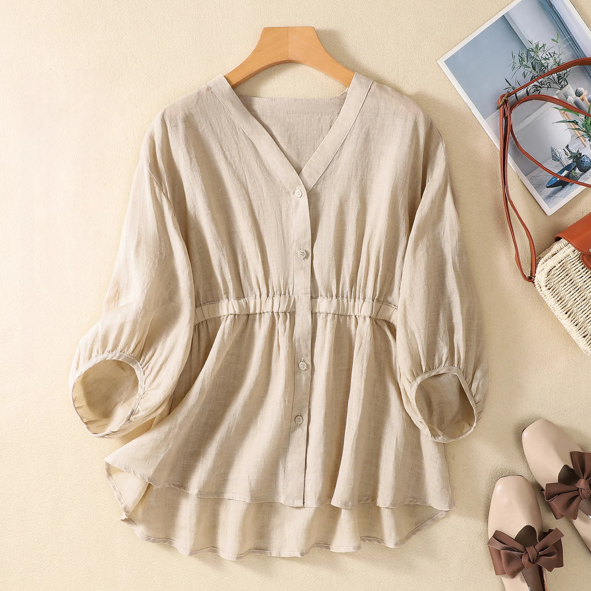 寬鬆顯瘦百搭棉麻V領收腰五分袖套頭襯衫