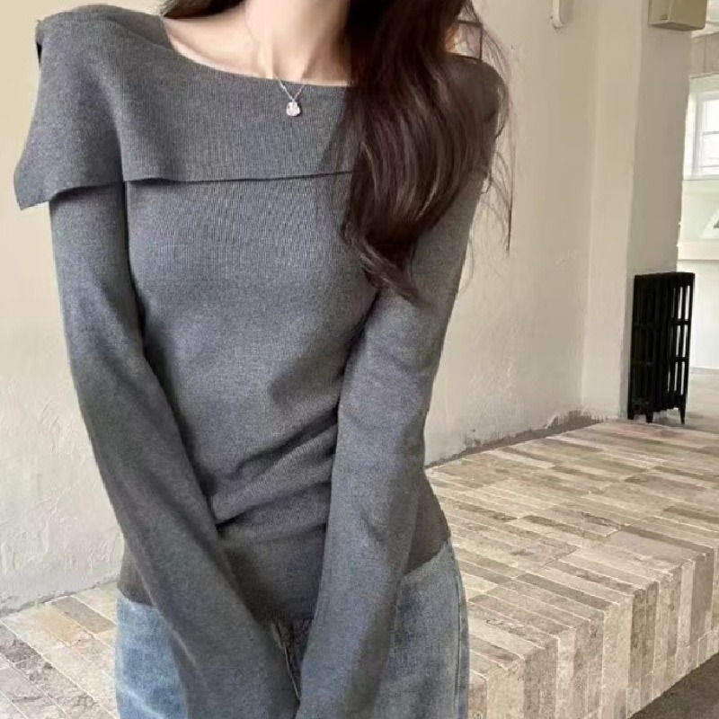 高級感修身一字肩長袖內搭打底針織衫