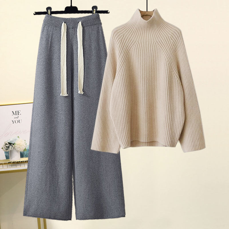 【單件/整套】韓版慵懶風加厚粗毛線針織上衣 垂感寬褲兩件套
