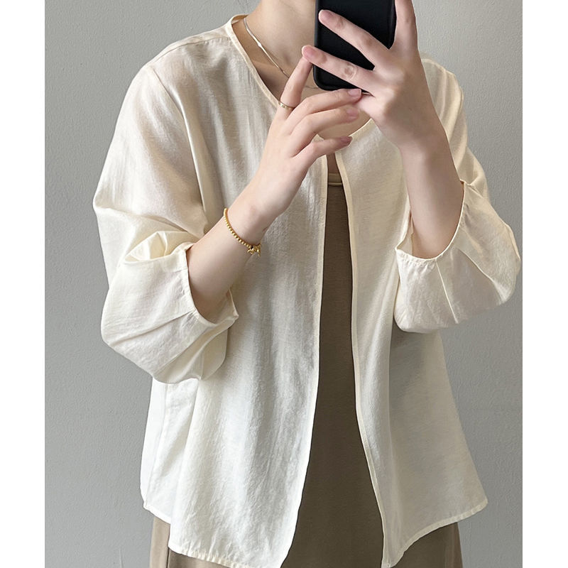 韓系寬鬆休閒百搭薄款圓領七分袖防曬開衫