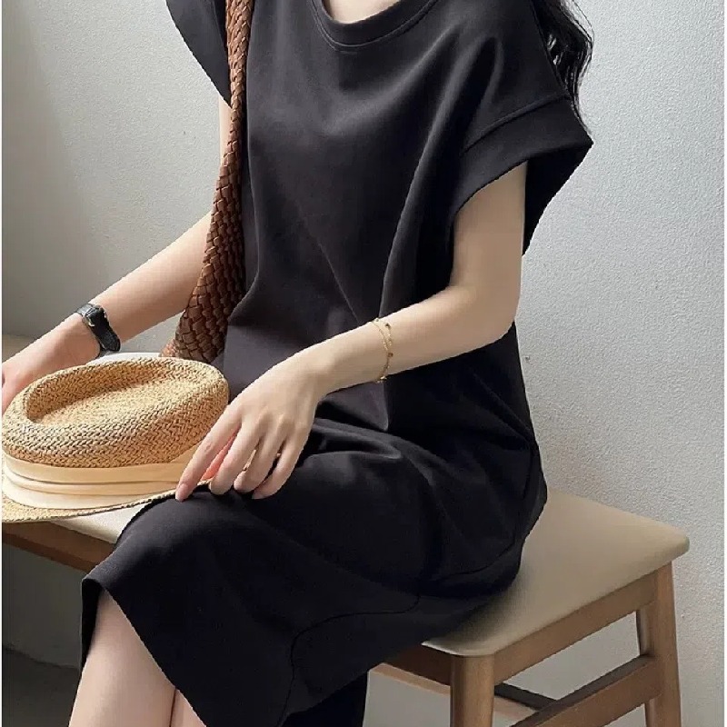 法式防走光寬鬆小眾休閒大碼飛飛袖中長款洋裝