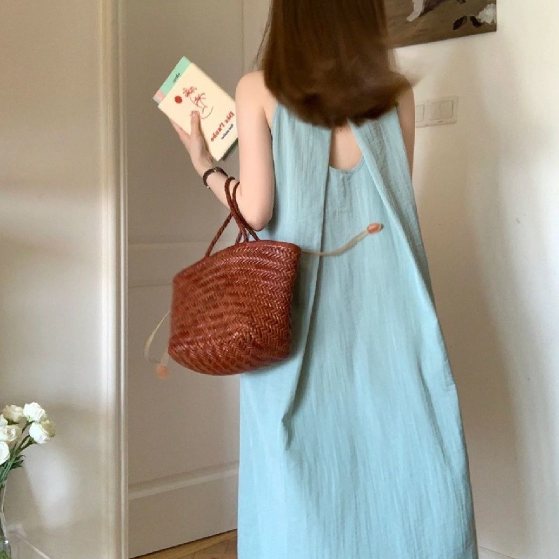 法式時尚海邊度假風溫柔掛脖無袖背心洋裝