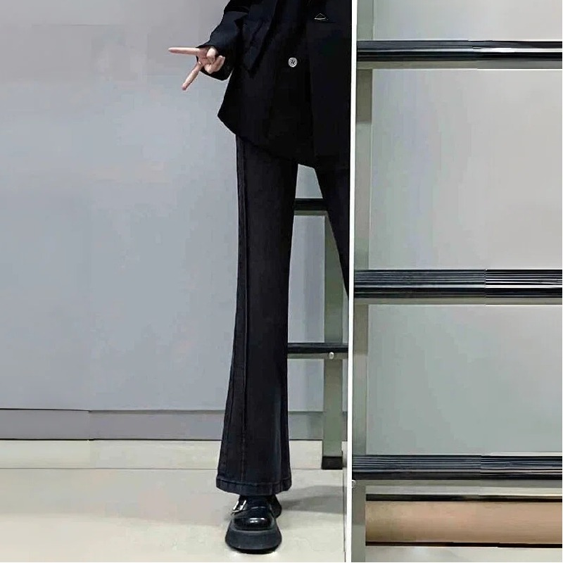 簡約休閒高腰遮胯顯瘦彈力喇叭牛仔褲