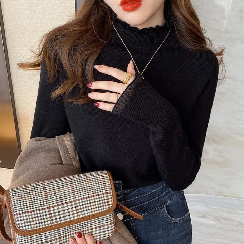 設計感蕾絲半高領拼接木耳邊羊絨針織衫