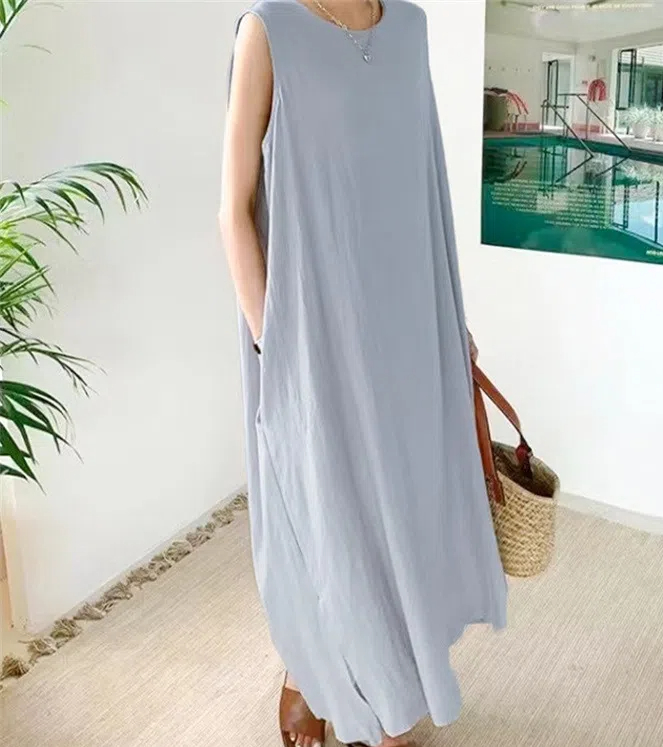 簡約洋氣亞麻混紡背心連體寬鬆時尚洋裝