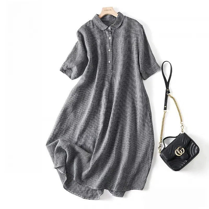 日系亞麻格子復古百搭休閒大下擺寬鬆長款洋裝