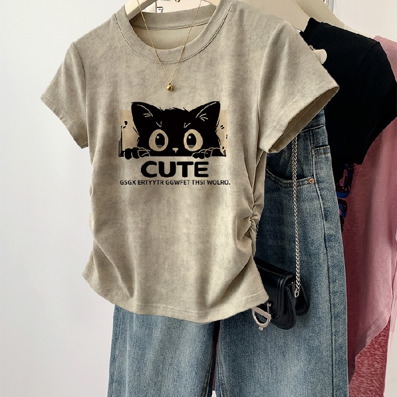 美式甜辣妹正肩印花收腰顯瘦短袖T恤