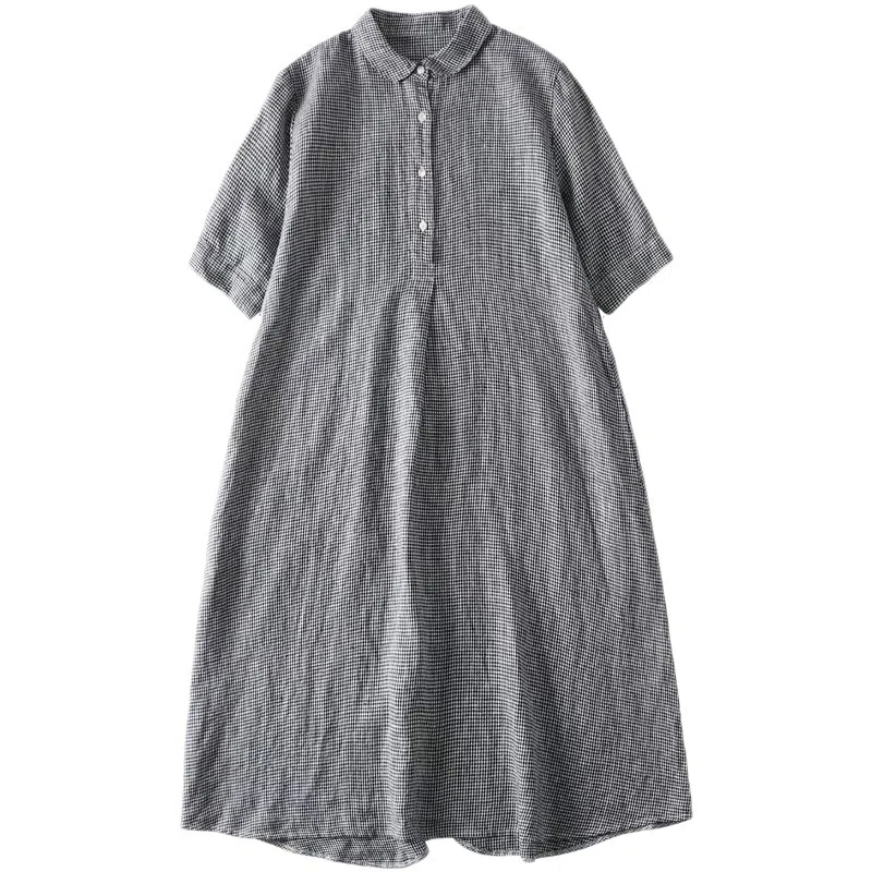 日系亞麻格子復古百搭休閒大下擺寬鬆長款洋裝