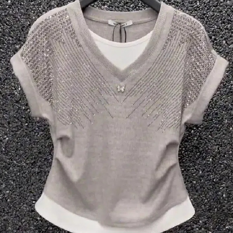 燙鑽撞色假兩件氣質V領洋氣重工收腰顯瘦小香風短袖T恤