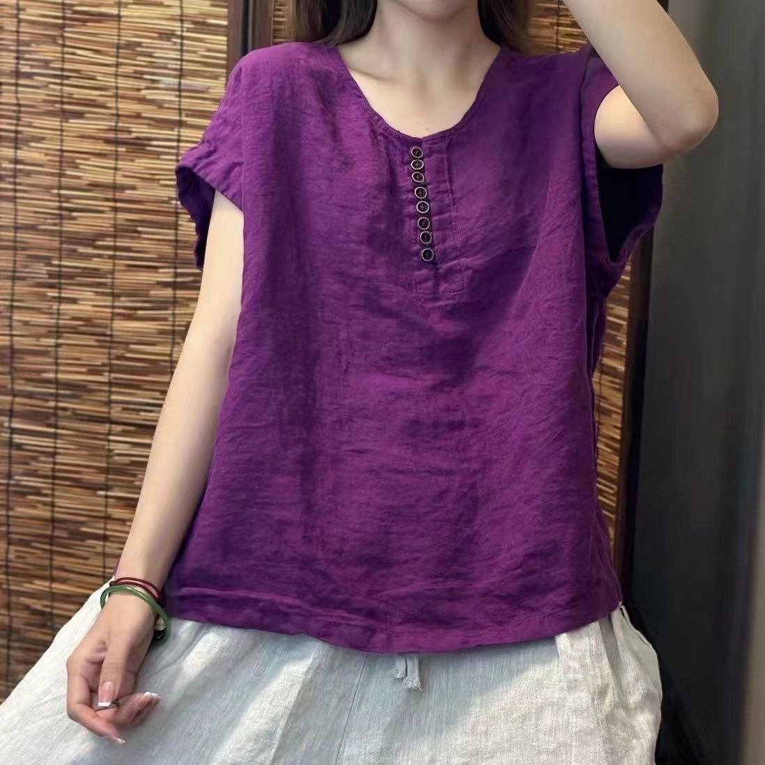 復古休閒簡約寬鬆純色棉麻圓領紐扣短袖T恤