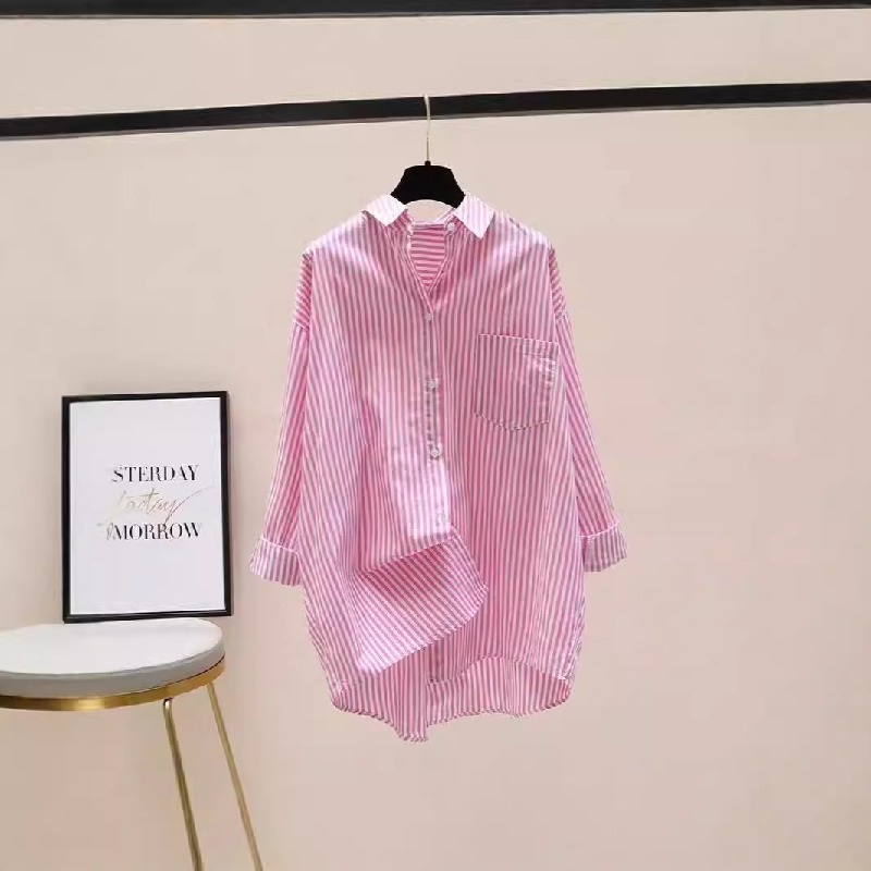 韓系文藝寬鬆簡約條紋印花長袖中長款開衫