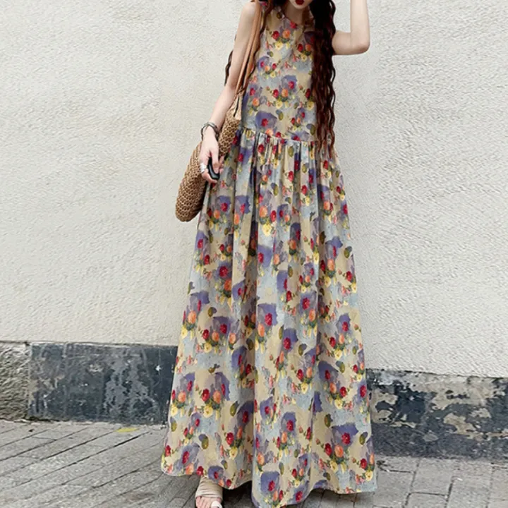 油畫風復古印花背心清新減齡韓系A字甜美洋裝