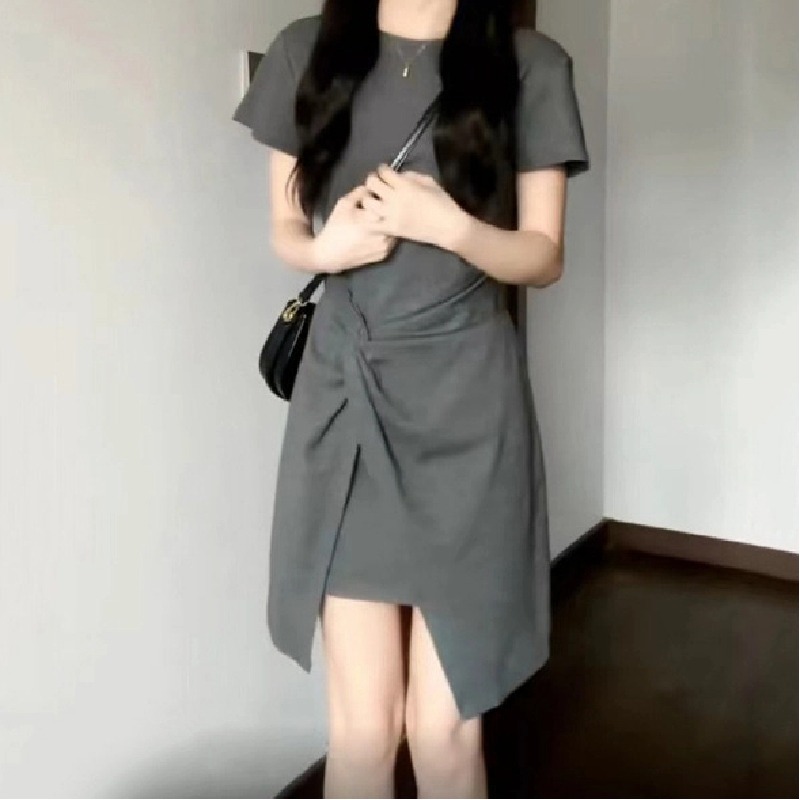 法式氣質收腰短袖連身裙小眾設計圓領短裙