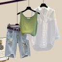 綠色背心+白色襯衫+藍色牛仔褲（三件套）