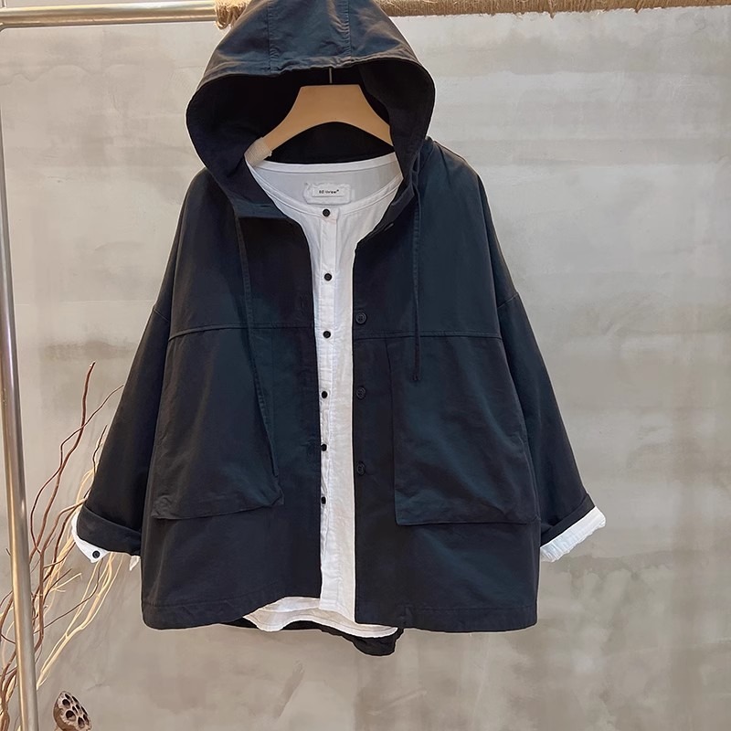 卡其藏青休閒連帽風衣外套