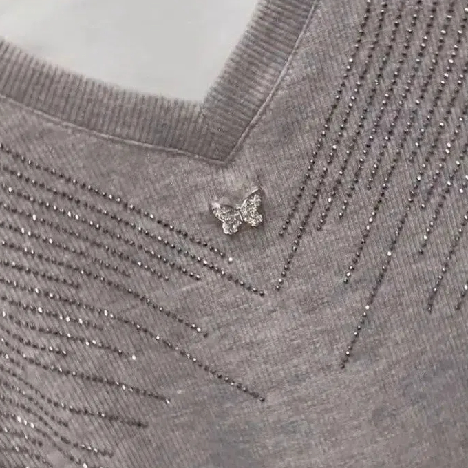 燙鑽撞色假兩件氣質V領洋氣重工收腰顯瘦小香風短袖T恤