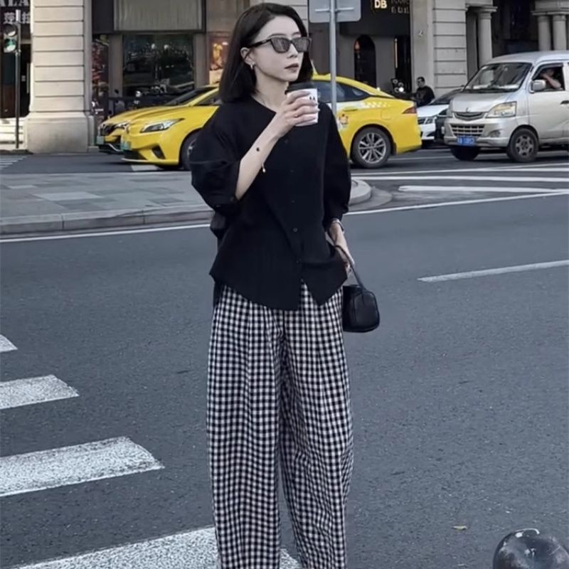 【單件/整套】純色寬鬆顯瘦减齡襯衫搭配格子闊腿褲套裝