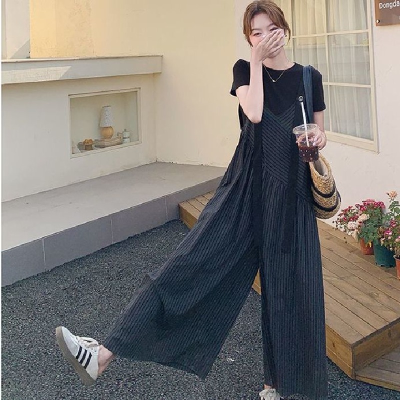 【單件/整套】氣質休閒知性寬鬆闊腿短袖連體背帶褲套裝