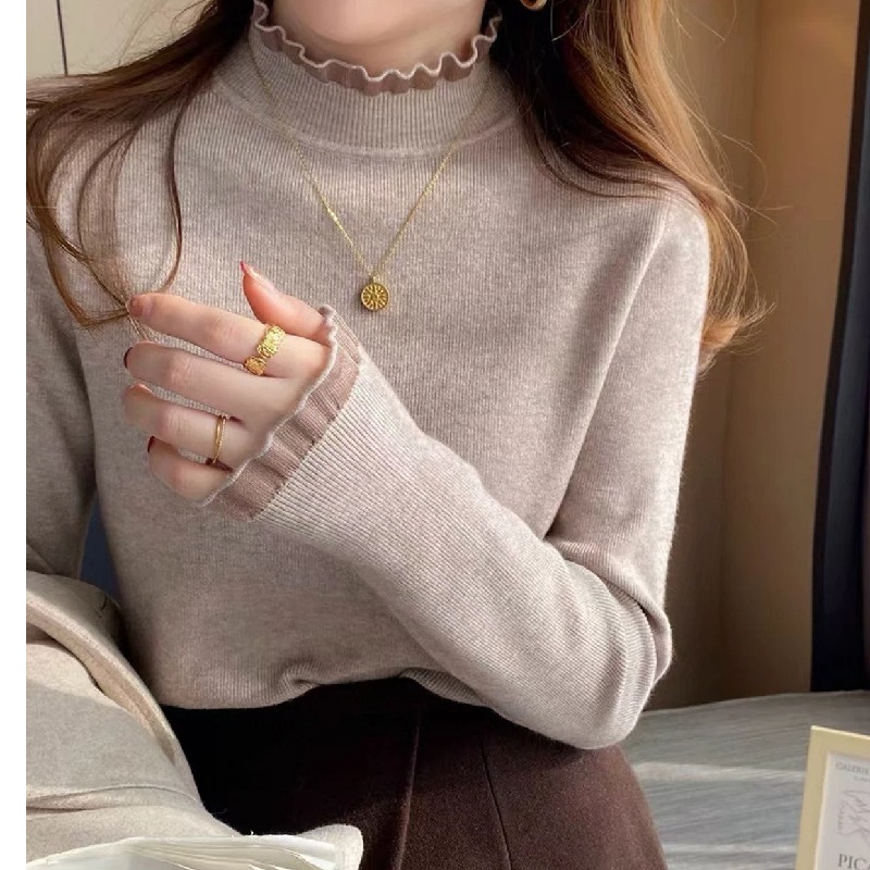 設計感蕾絲半高領拼接木耳邊羊絨針織衫