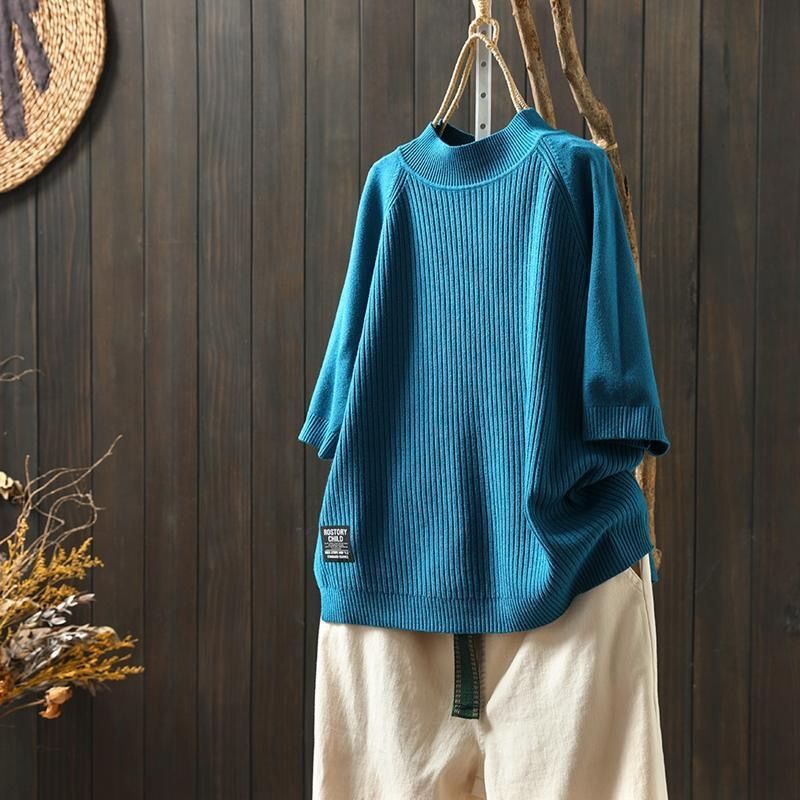 純色半高領五分袖寬鬆顯瘦字母貼標打底針織衫