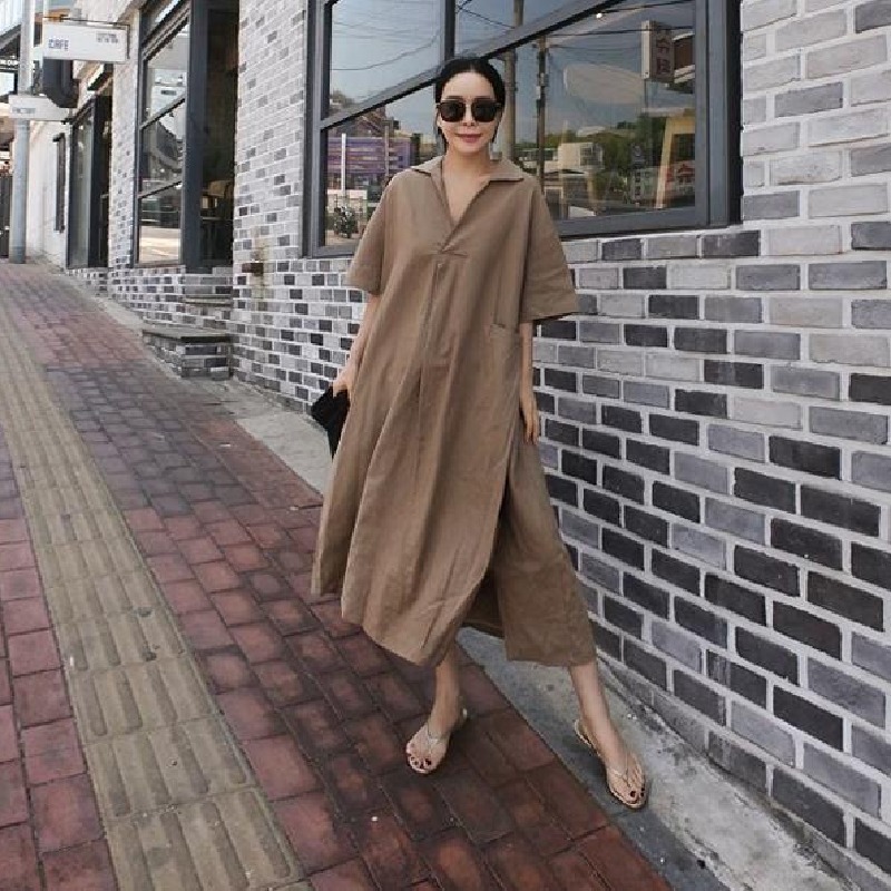 簡約氣質洋氣寬鬆大碼顯瘦長款過膝洋裝