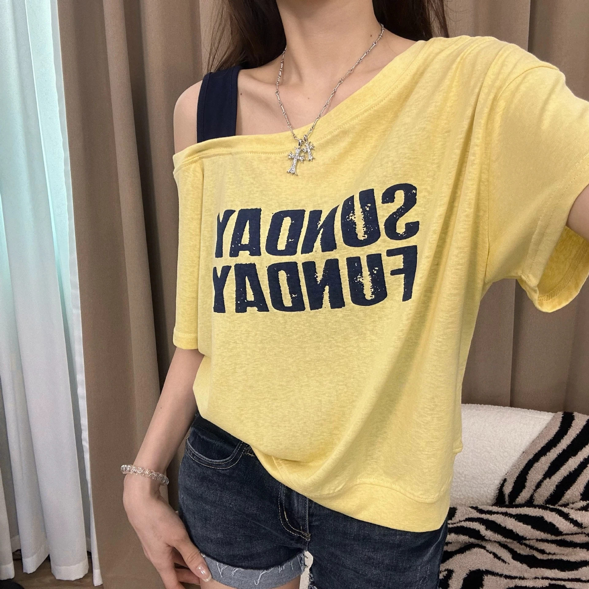 時尚寬鬆顯瘦百搭韓版斜肩撞色字母休閒印花短袖T桖