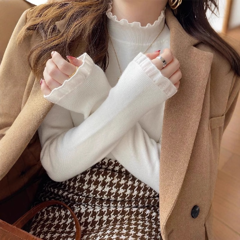 設計感蕾絲半高領拼接木耳邊羊絨針織衫