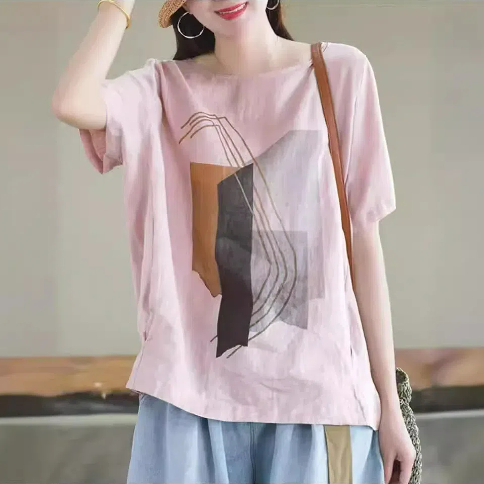 森女系印花棉麻休閒寬鬆大碼短袖T恤