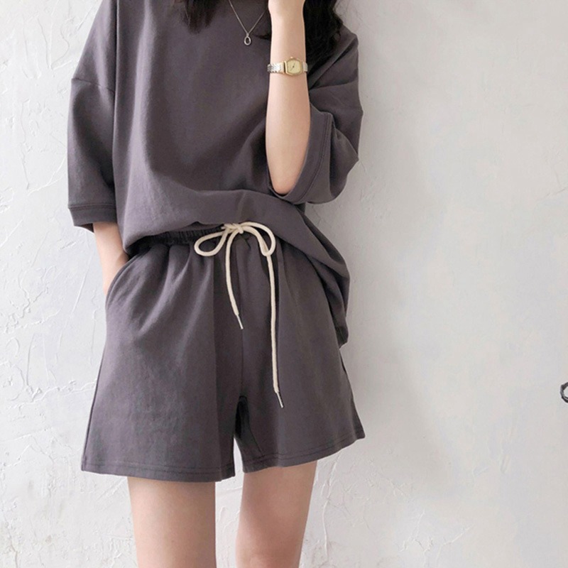 【整套】時尚套裝短袖T恤女休閒兩件套高腰大碼短褲