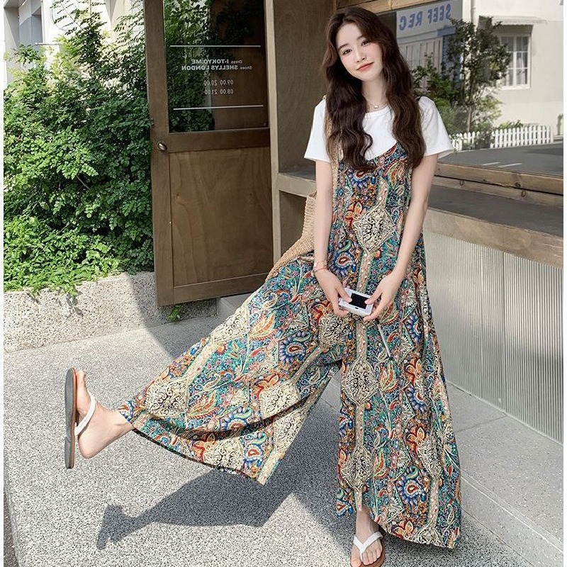 【單件/整套】法式復古波西米亞風純色短袖寬鬆闊腿背帶褲套裝