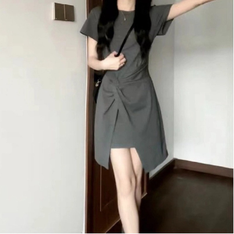 法式氣質收腰短袖連身裙小眾設計圓領短裙