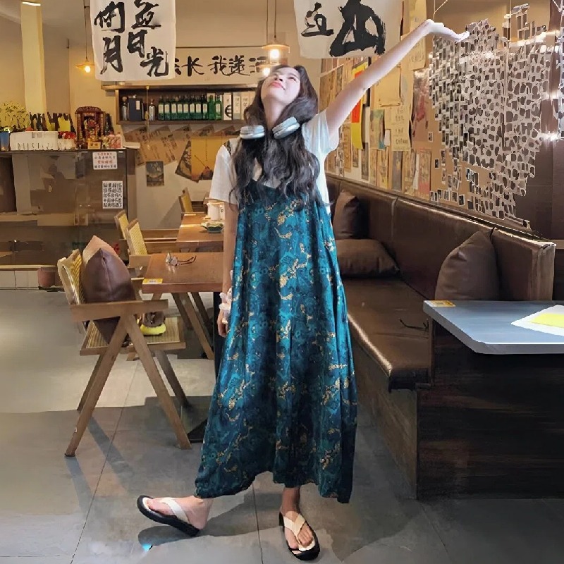 法式復古小個子油畫碎花闊腿寬鬆直筒連體褲