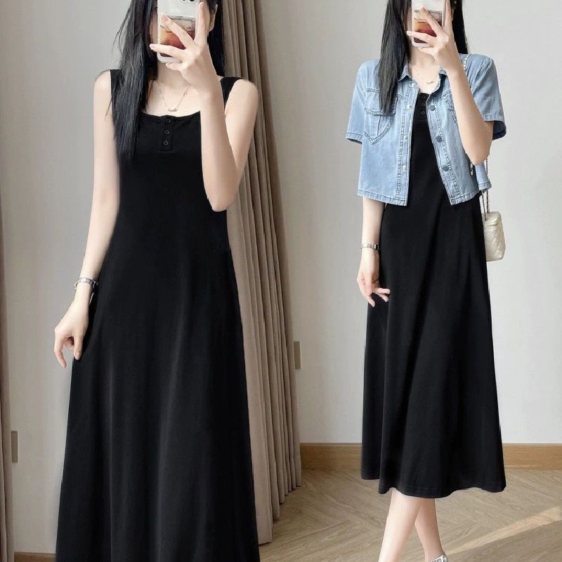 【整套/單件】顯瘦黑色背心中長款吊帶裙搭配藍色牛仔短外套裝