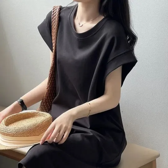 法式防走光寬鬆小眾休閒大碼飛飛袖中長款洋裝