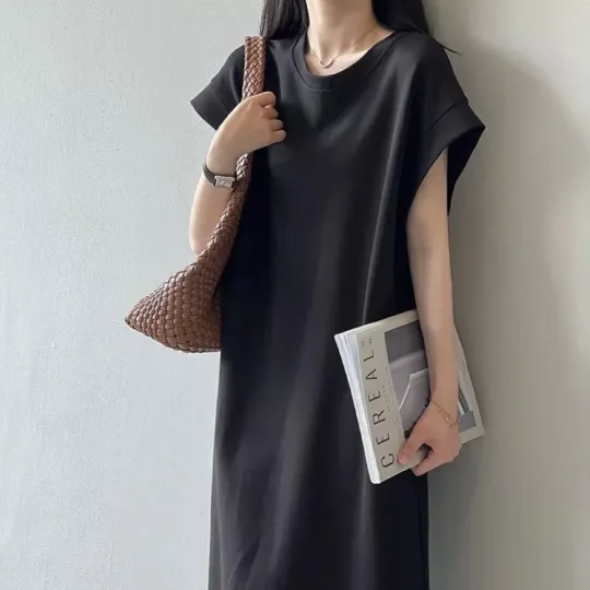 法式防走光寬鬆小眾休閒大碼飛飛袖中長款洋裝