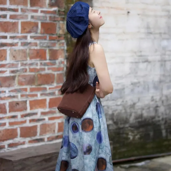 法式印花圈圈無袖復古設計感收腰中長款洋裝