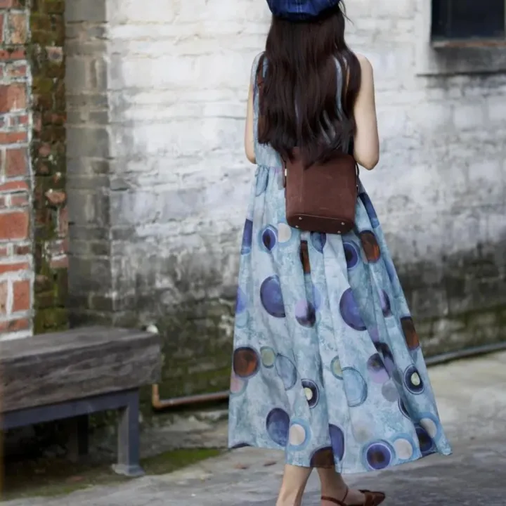 法式印花圈圈無袖復古設計感收腰中長款洋裝