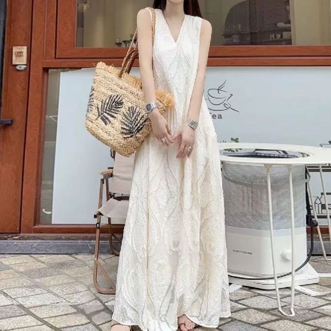 高級感刺繡提花氣質甜美無袖顯瘦寬鬆洋裝