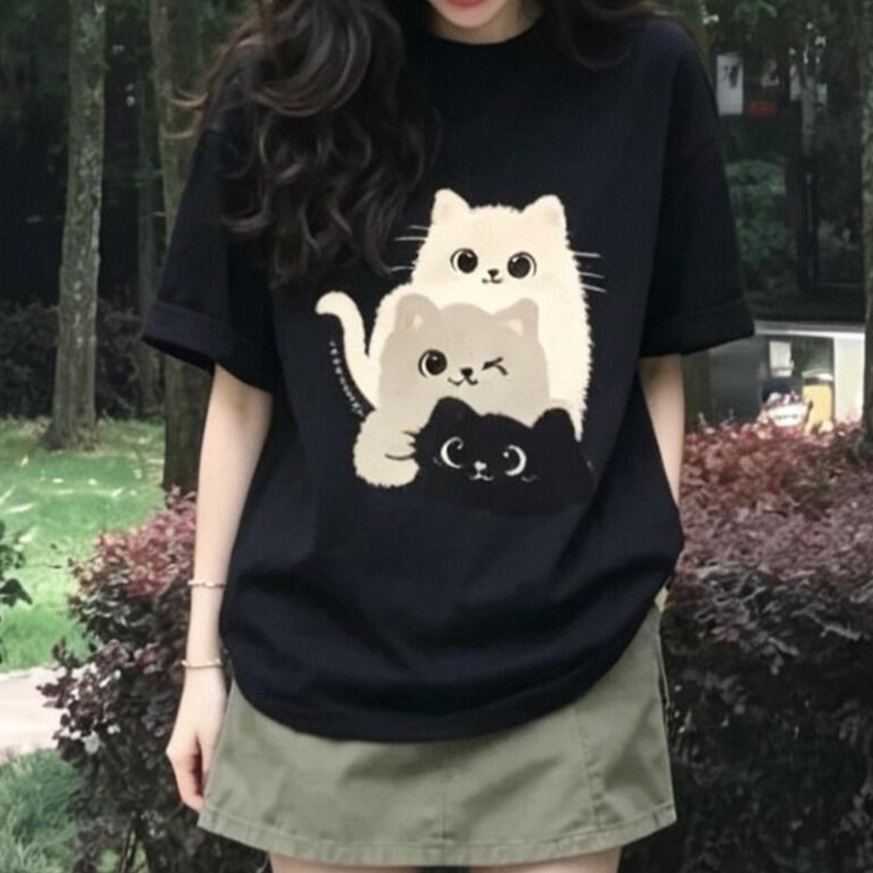 可愛小貓印花純棉圓領正肩短袖T恤