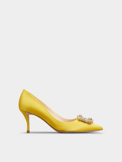 「フラワーストラス」シルク パンプス 65 mm イエロー