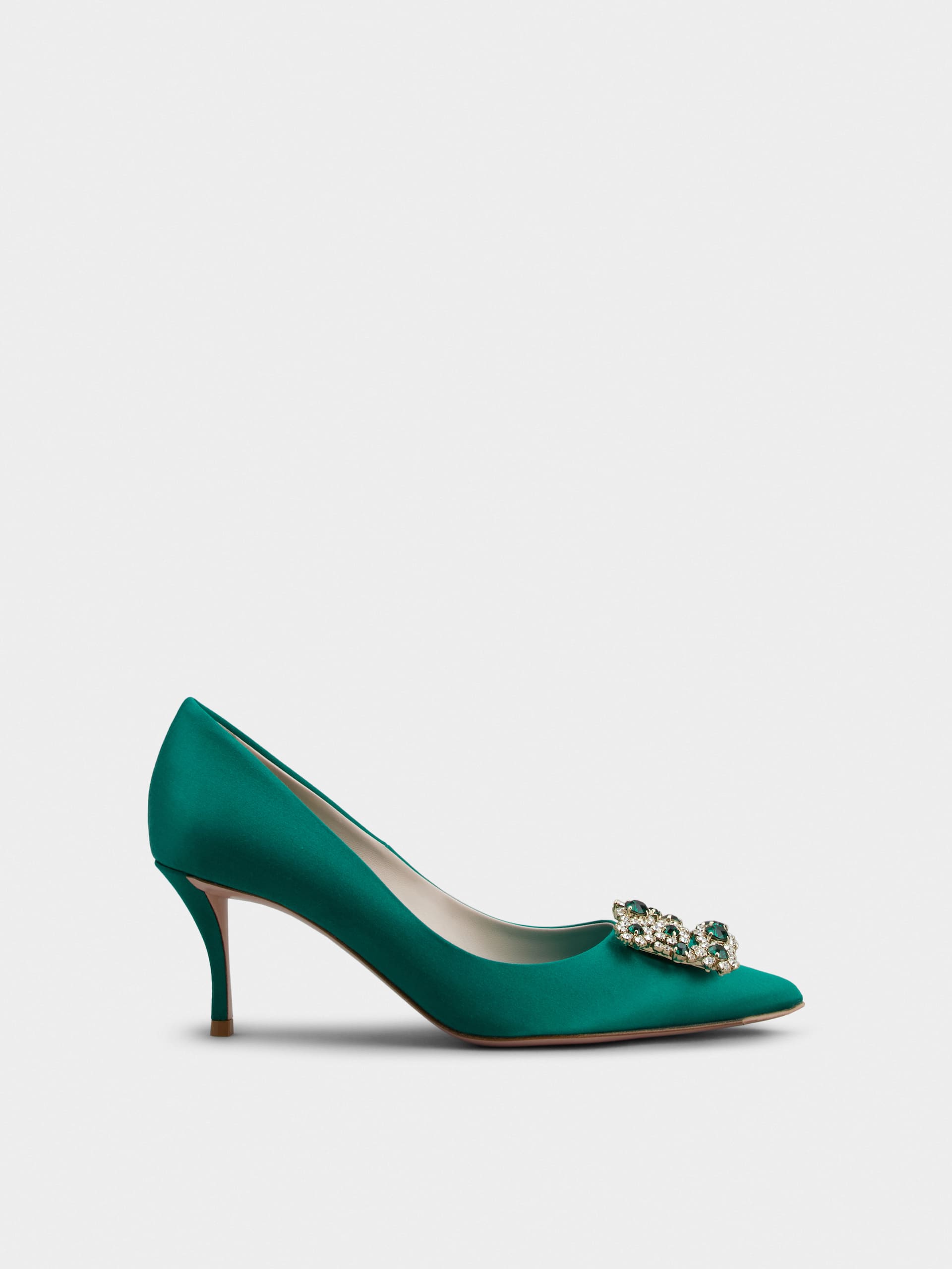 「フラワーストラス」シルク パンプス 65 mm グリーン
