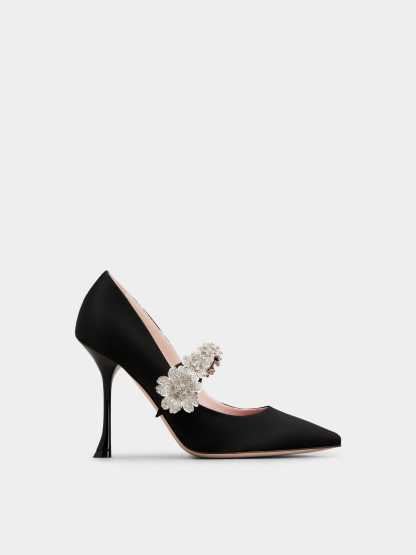 「ブーケ フラワー」サテン ベビー パンプス 100 mm ブラック